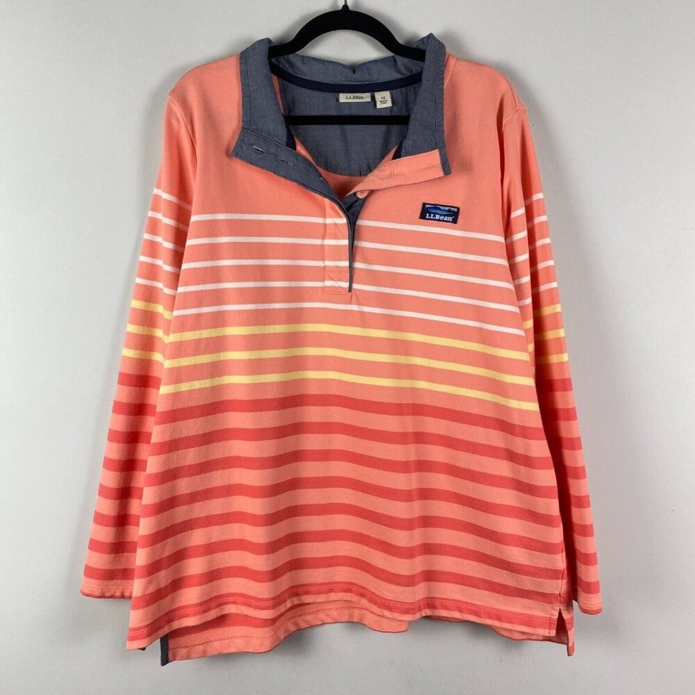LL Bean Rugby Henley Shirt Sweatshirt Womens 2X Orange Multicolor Stripe